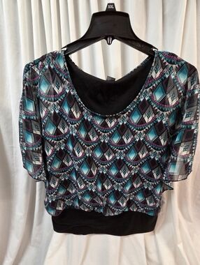 Dots Geometric Scoop-Neck Blouse in Teal, Black & Purple